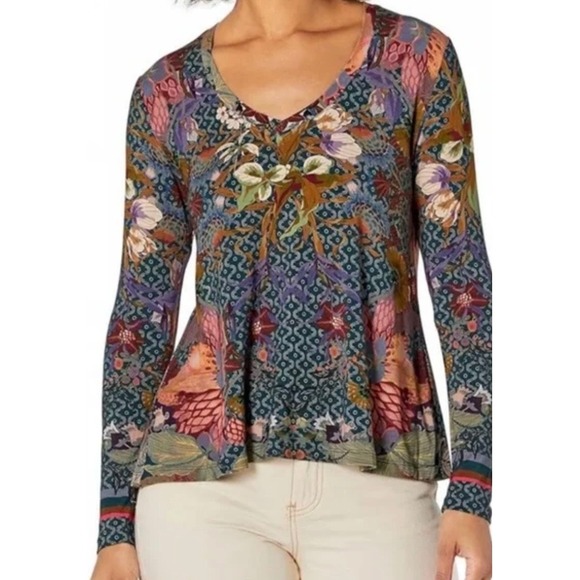 Johnny Was Aran Flower Favorite Long Sleeve V Neck Swing Tee Bamboo Size Small - Picture 2 of 9